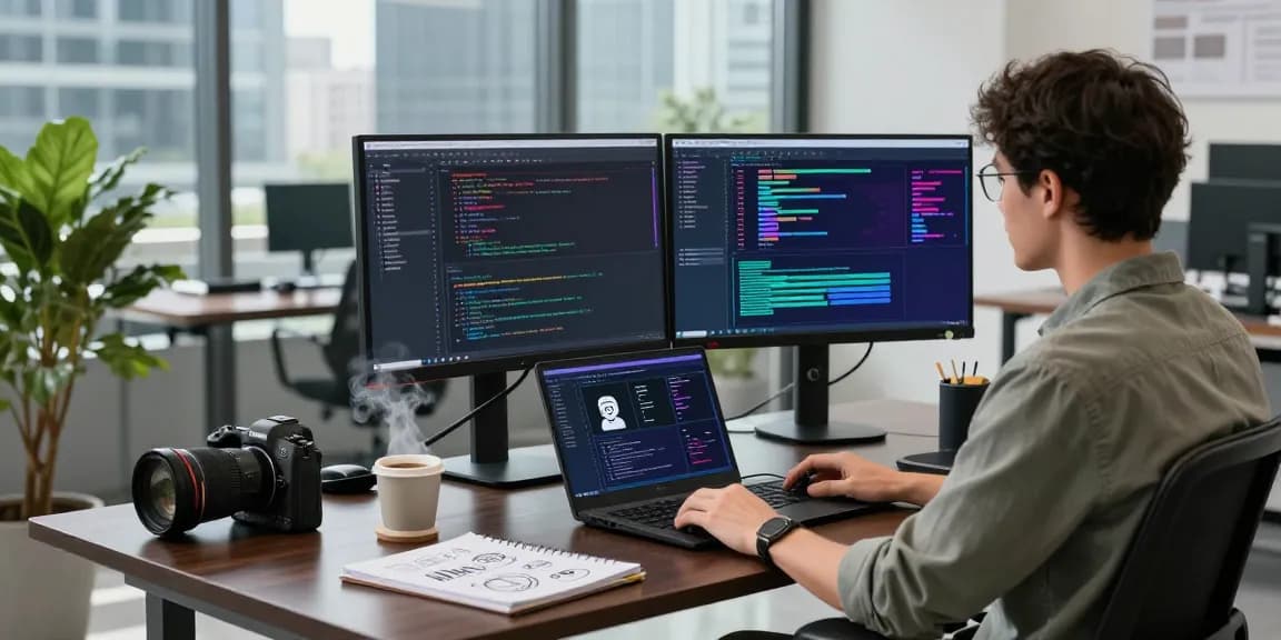 KoboldAI coder working in a modern office environment, showcasing AI chatbot coding on dual monitors.