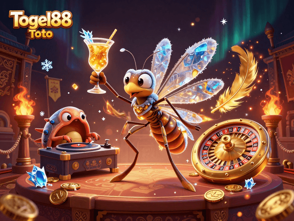 Experience Togel88 Toto with this vibrant illustration, featuring a frozen mosquito mascot and casino elements.