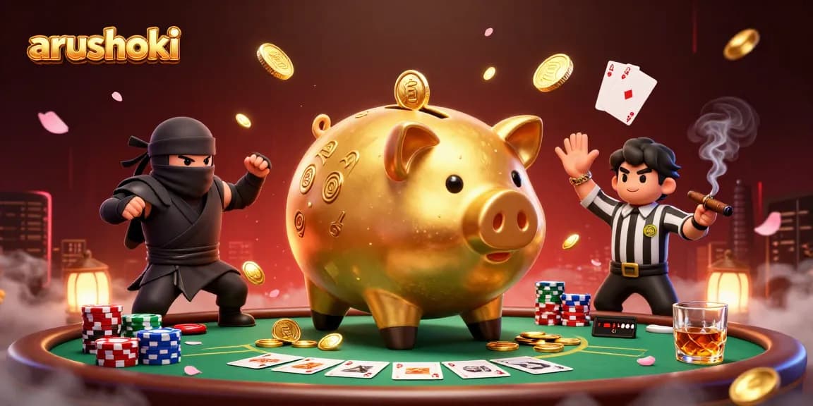 arushoki menghadirkan karakter sumo dengan koin berjatuhan dalam suasana kasino yang meriah.