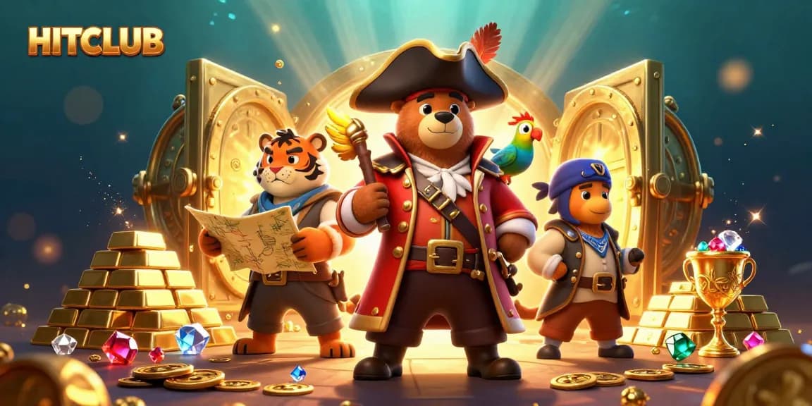 Hitclub showcases a lavish scene of treasure with a fun pirate bear, tiger, and parrot, capturing excitement in gaming.