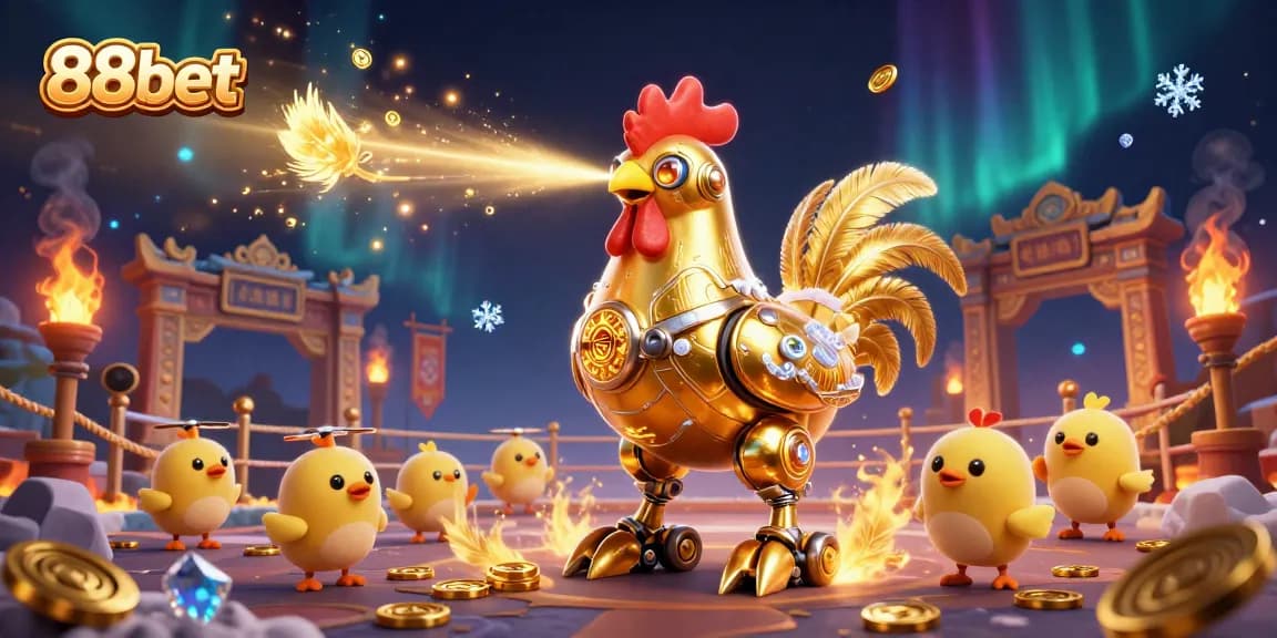 88bet's vibrant 3D illustration of a golden rooster robot and chick drones in an energetic casino scene.