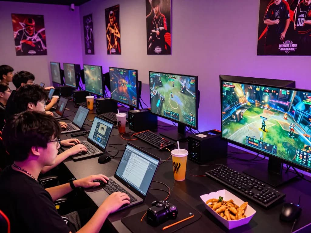 Gamers engaged in esports betting Singapore using laptops and mobile devices in a lively gaming lounge.