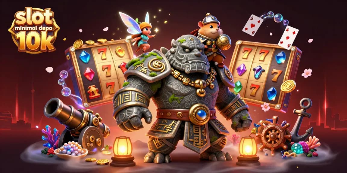Slot minimal depo 10k, merayakan kemenangan dalam kasino dengan simbol keberuntungan dan petualangan magis.