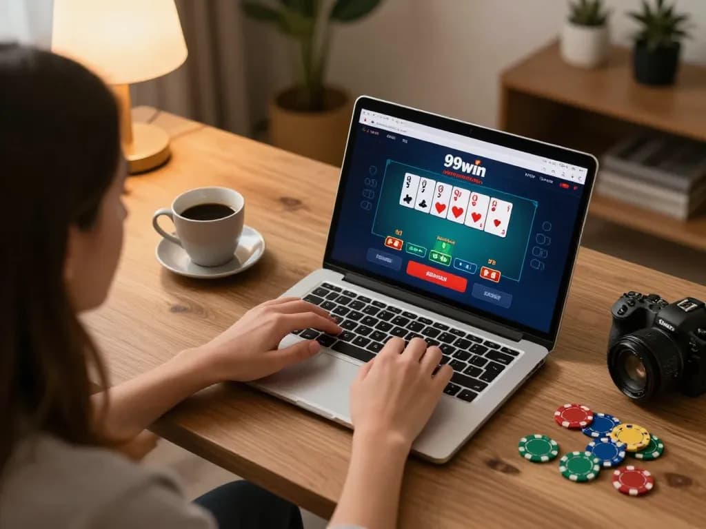 Player engaging with 99win online casino on a stylish laptop at home.