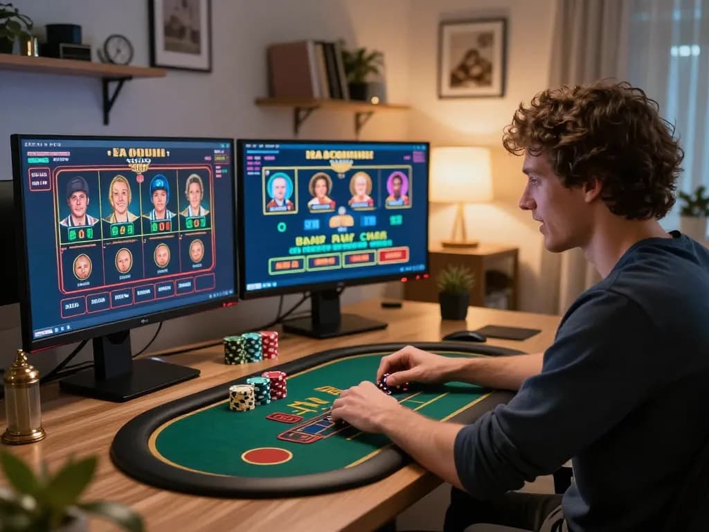 BJ88 player engaging in online casino gaming with multiple screens, showcasing strategy and excitement.
