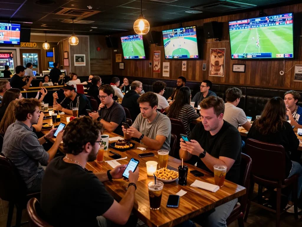 Fans engaging in keonhacai while watching sports in a lively bar setting, capturing the thrill of live betting.