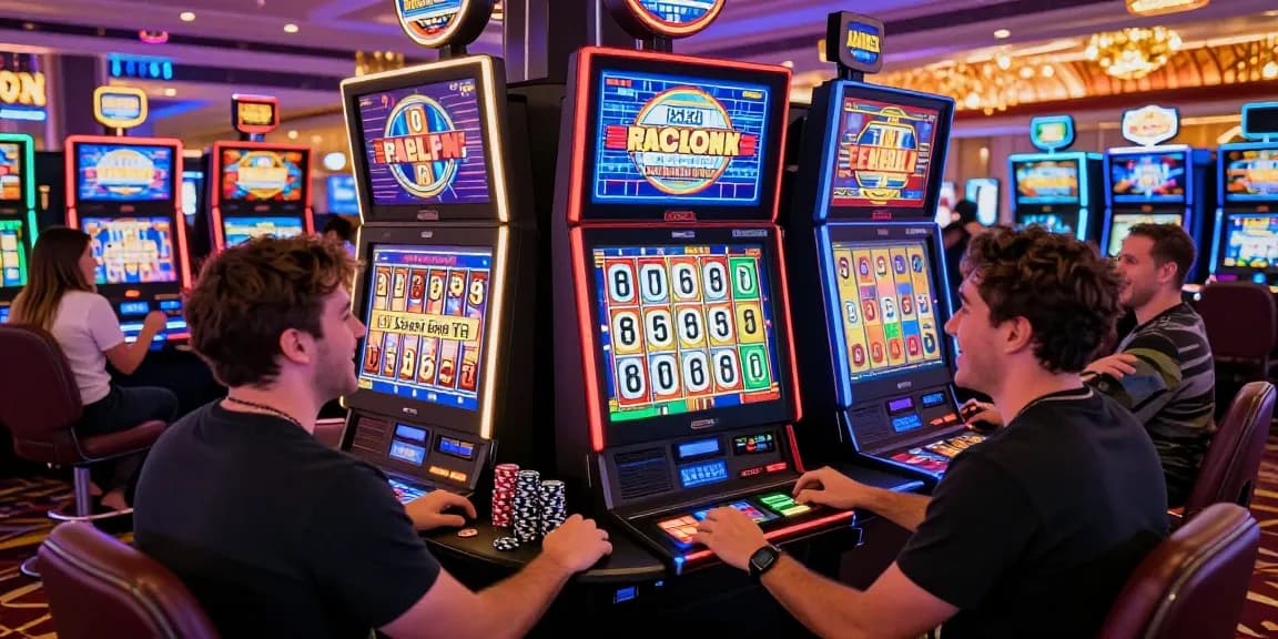 Slot players enjoying vibrant machines in a lively casino atmosphere.