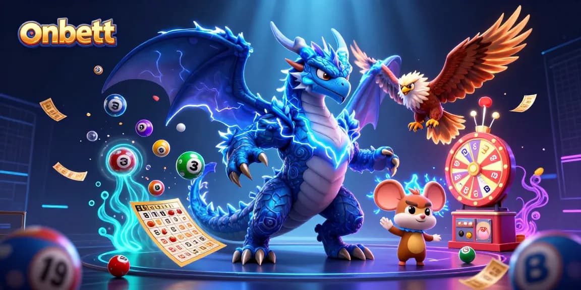 Experience top-tier gaming excitement on onbett, featuring vibrant lottery elements and characters celebrating big wins.