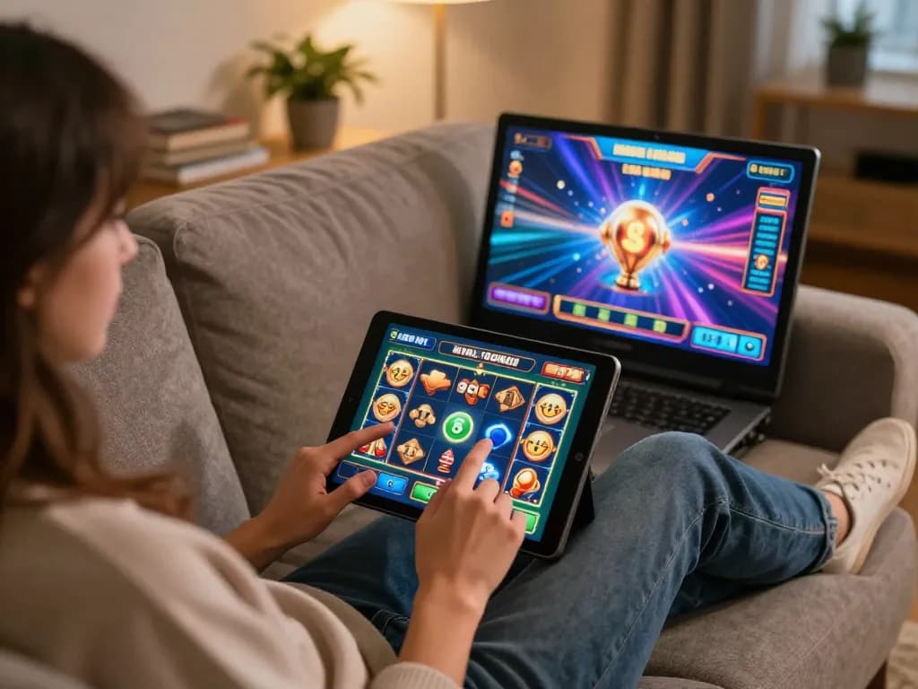 Engaging in slot gacor hari ini online gaming session with focused player in cozy home environment.