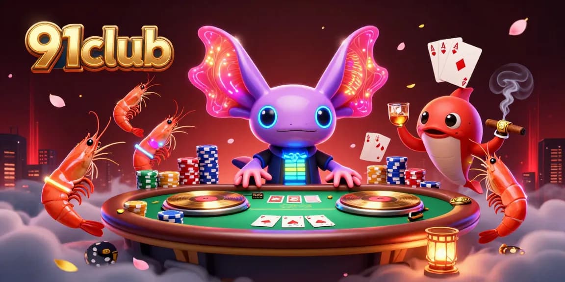 Join the vibrant world of 91club with a neon underwater party featuring a dynamic axolotl DJ and dancing creatures.