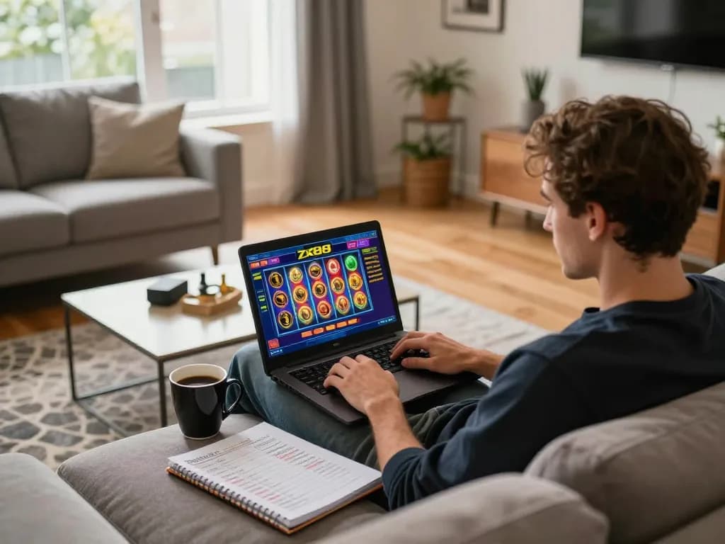 Engaging in online gaming at zx88 with colorful slot reels in a cozy home environment