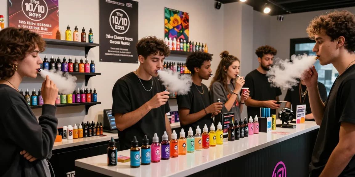 Engaging lifestyle scene of diverse young adults exploring THC vape The 10/10 Boys flavors in a vibrant vape shop.