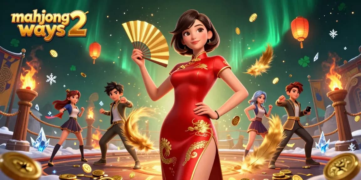 Experience mahjong ways 2 with stunning visuals of a confident Asian woman amidst cascading gold coins.