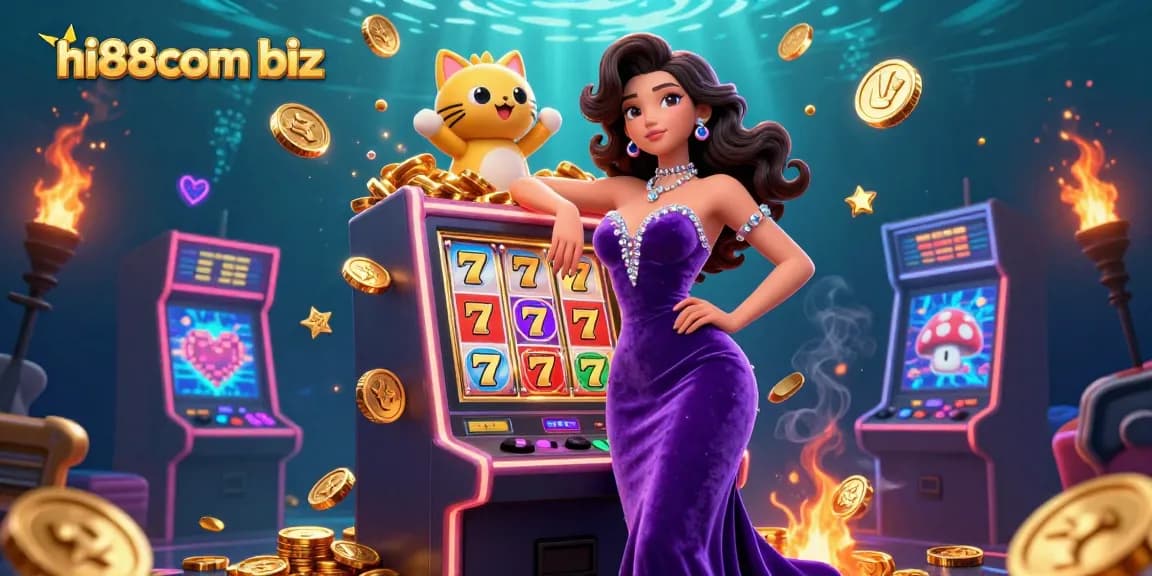 Experience exhilarating games at hi88com biz with a glamorous jackpot scene and playful fortune cat!