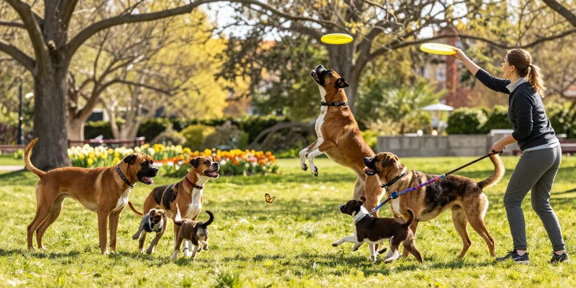 Indigoboxersndanes.com showcases Boxers and Great Danes playing joyfully in a sunny park.