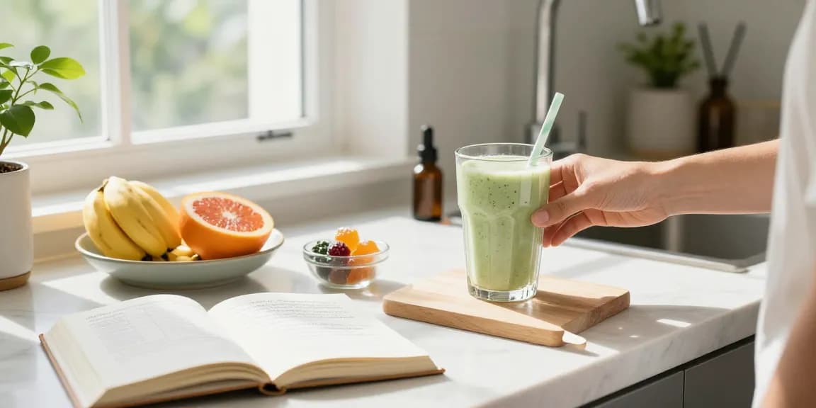 Cannabis gummies paired with organic products in a bright kitchen emphasizing wellness and health benefits.