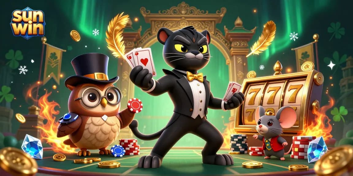 Engage in thrilling casino action with Sun Win's lively characters dealing cards and displaying poker chips.
