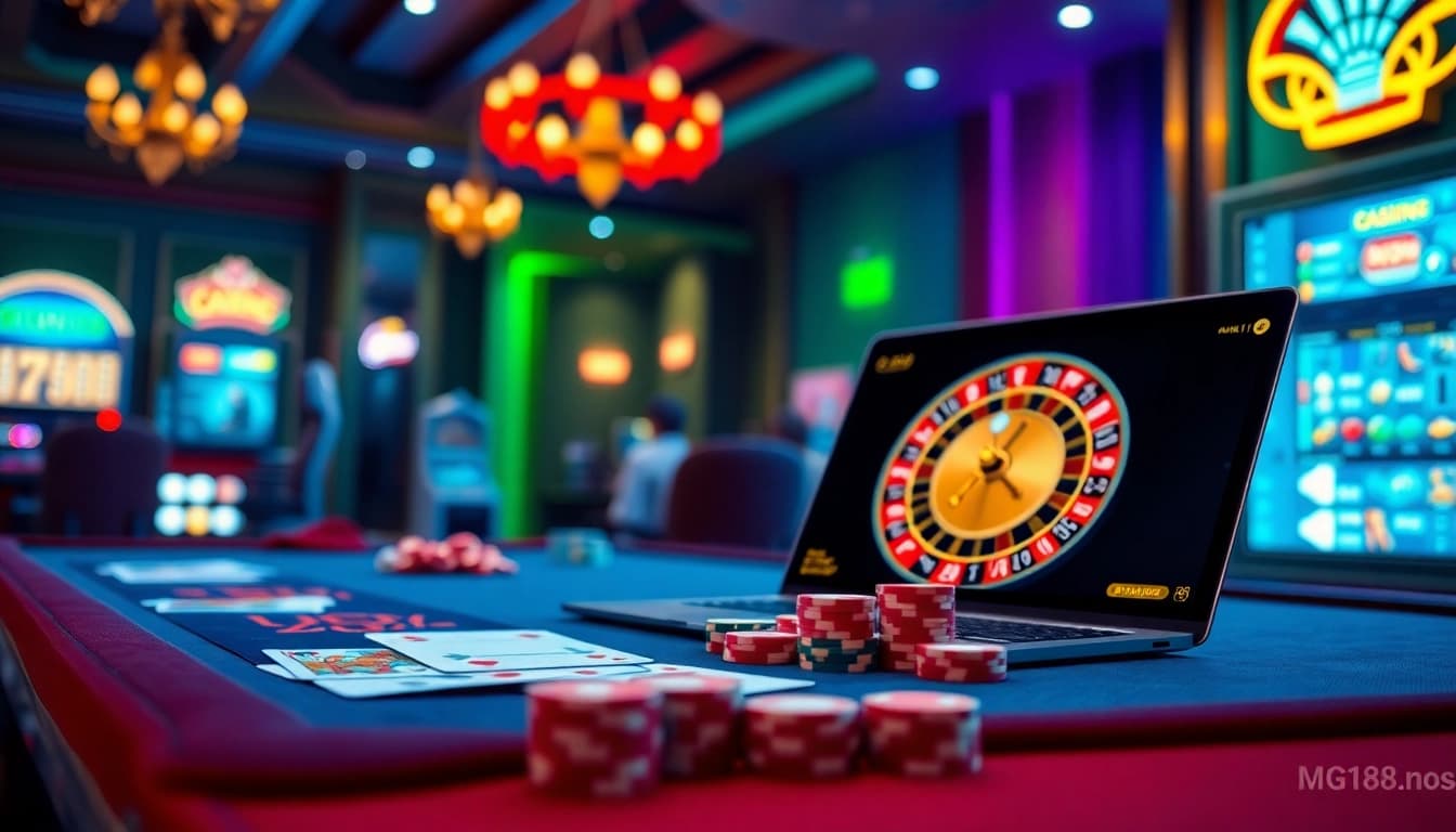 Experience high-stakes gaming at https://mg188s.com/ with luxurious casino visuals featuring tables, roulette wheels, and slots.