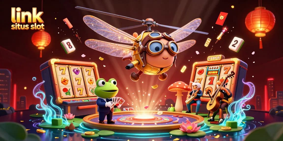 Engage with the vibrant world of link situs slot featuring dynamic characters and casino elements in a lively 3D illustration.