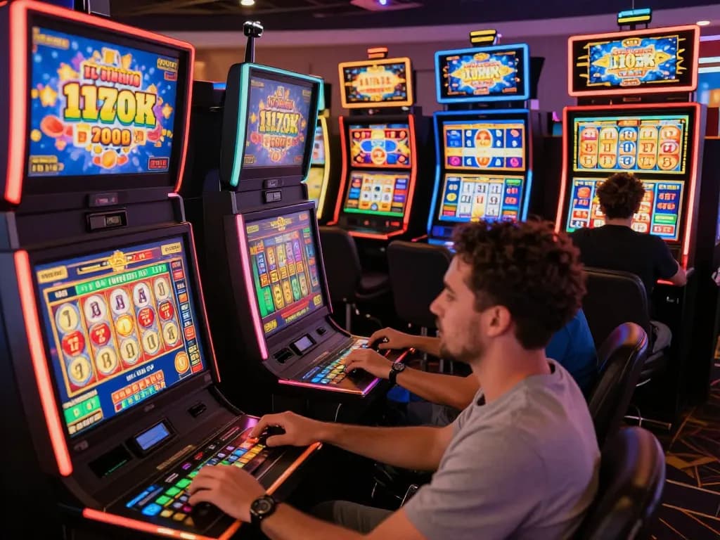 Engaging online gambling experience with players celebrating nổ hũ hubet88 wins at colorful virtual slot machines.