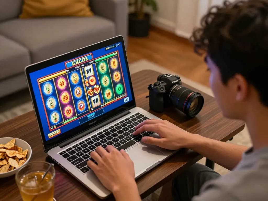 Engaging online slot gacor gaming session with a player excitedly interacting with colorful slot reels.