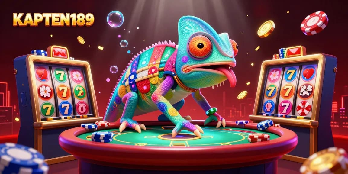 KAPTEN189 menawarkan pengalaman slot online dengan chameleon kasino yang penuh warna menangkap koin emas dan simbol keberuntungan.