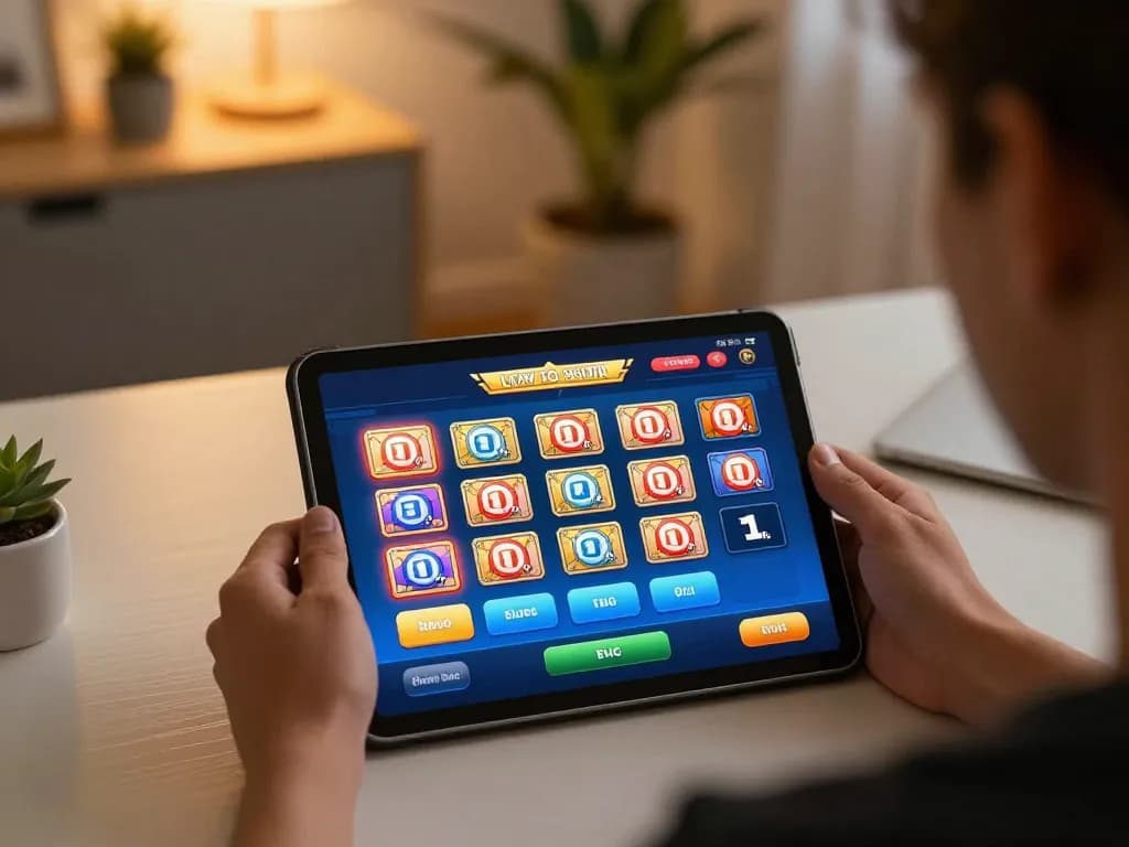 Play slot bet kecil on tablet in a cozy home setup, showcasing responsible gambling.