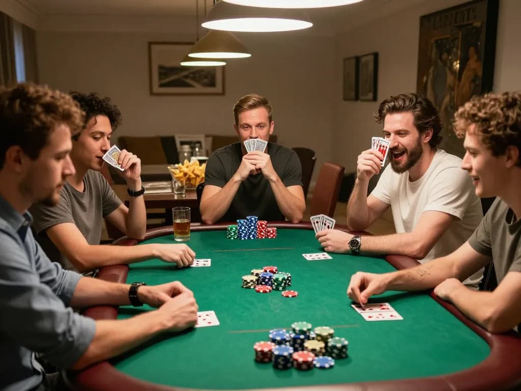 Players enjoying intense poker competition in cozy home setting, engaging in nsfw games with excitement and strategy.