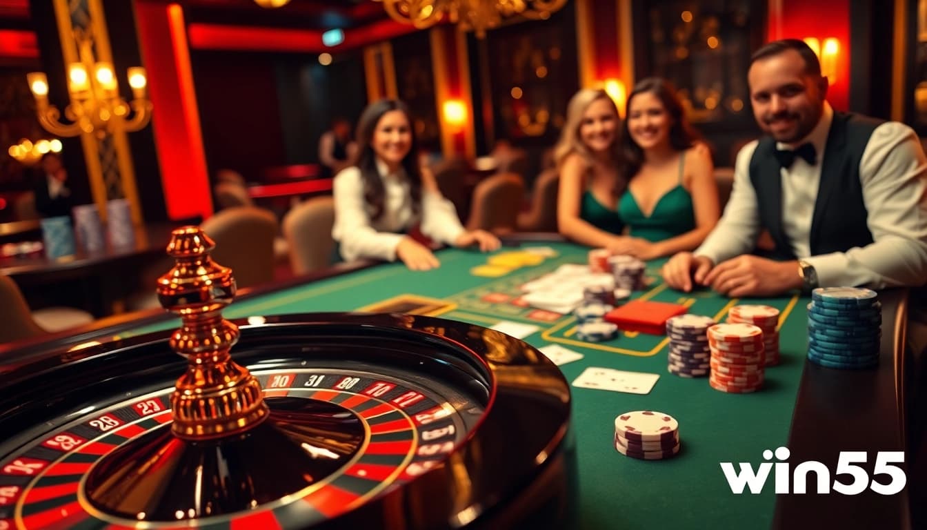 Experience the thrill of win55 at our luxurious casino table with roulette and vibrant poker action.