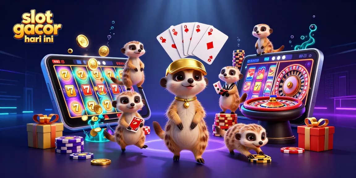 Engage with slot gacor hari ini in an exciting 3D casino scene featuring meerkats orchestrating games.