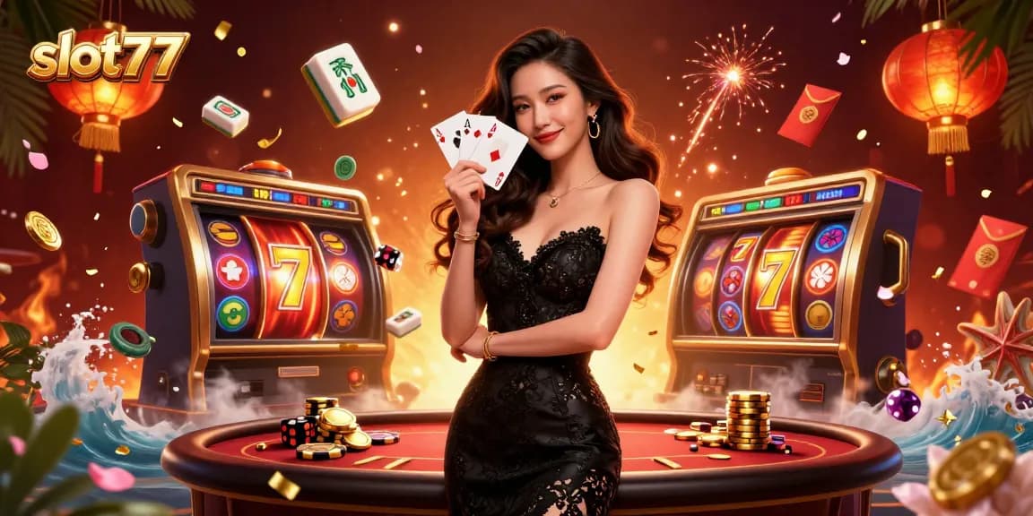 Engage with slot77 as an elegant Asian woman plays casino slots, offering a rich visual experience.