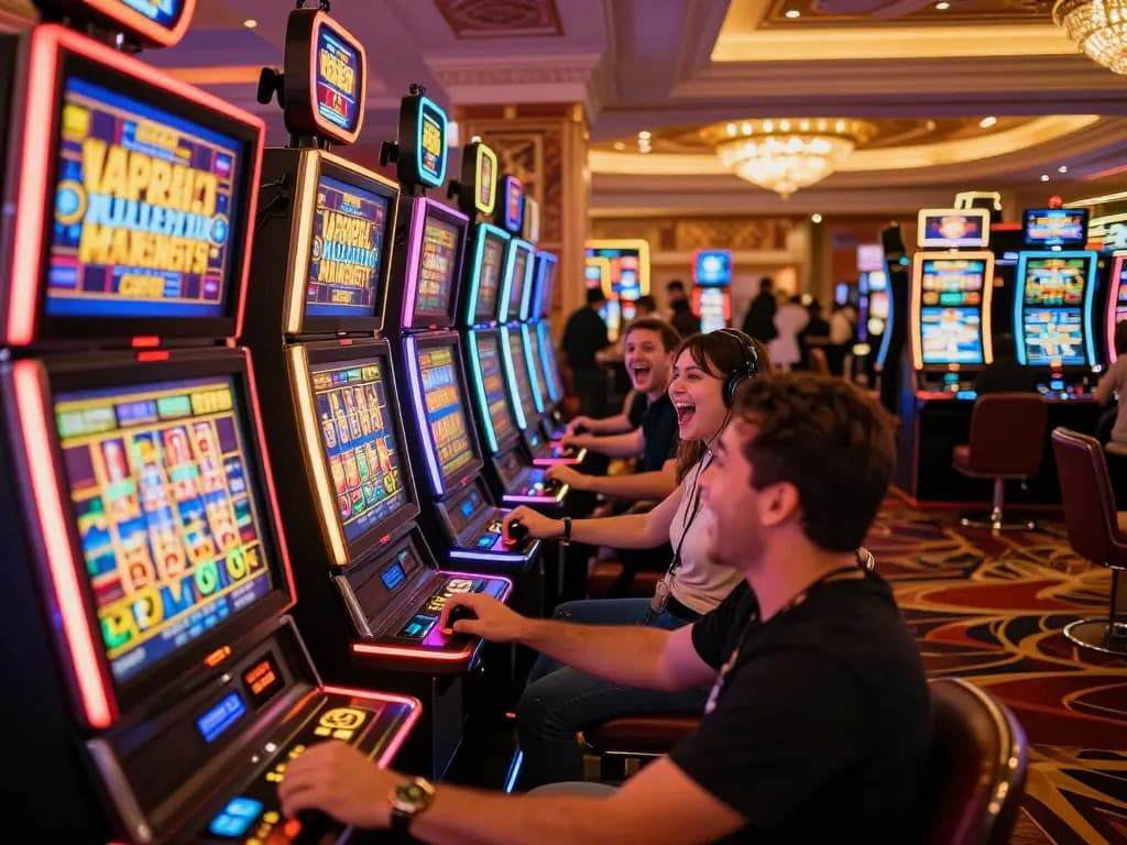 Koinvegas slot players celebrating big wins at vibrant casino slot machines.
