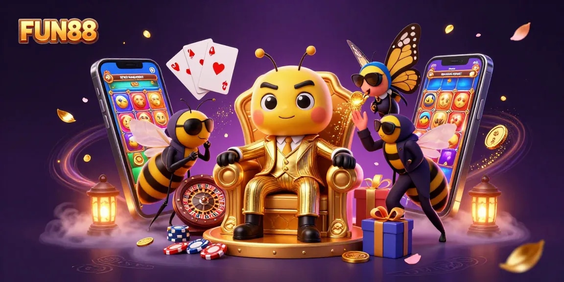 Immerse in FUN88's dynamic slots action with a bumblebee mob boss and vibrant casino elements.