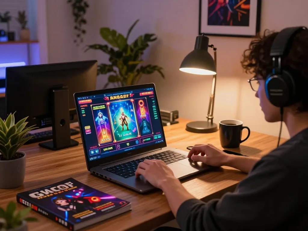 Player engaged in slot gacor game on laptop, showcasing vibrant gameplay interface in cozy home setting.