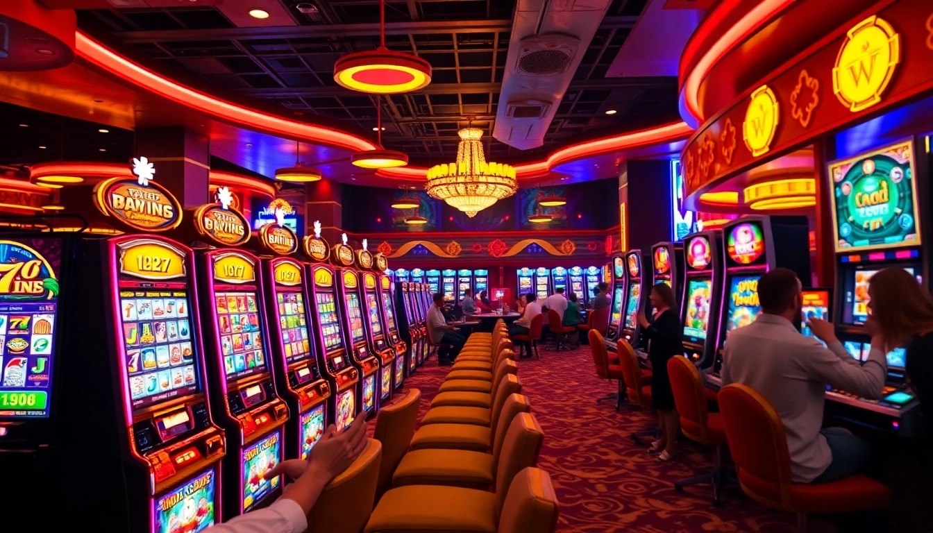 A lively casino with colorful slot machines, players celebrating wins in a vibrant atmosphere focusing on situs slot deposit qris.