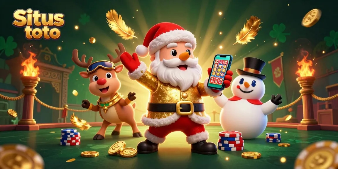 Experience the excitement of Situs toto with Santa and friends in a vibrant casino scene.
