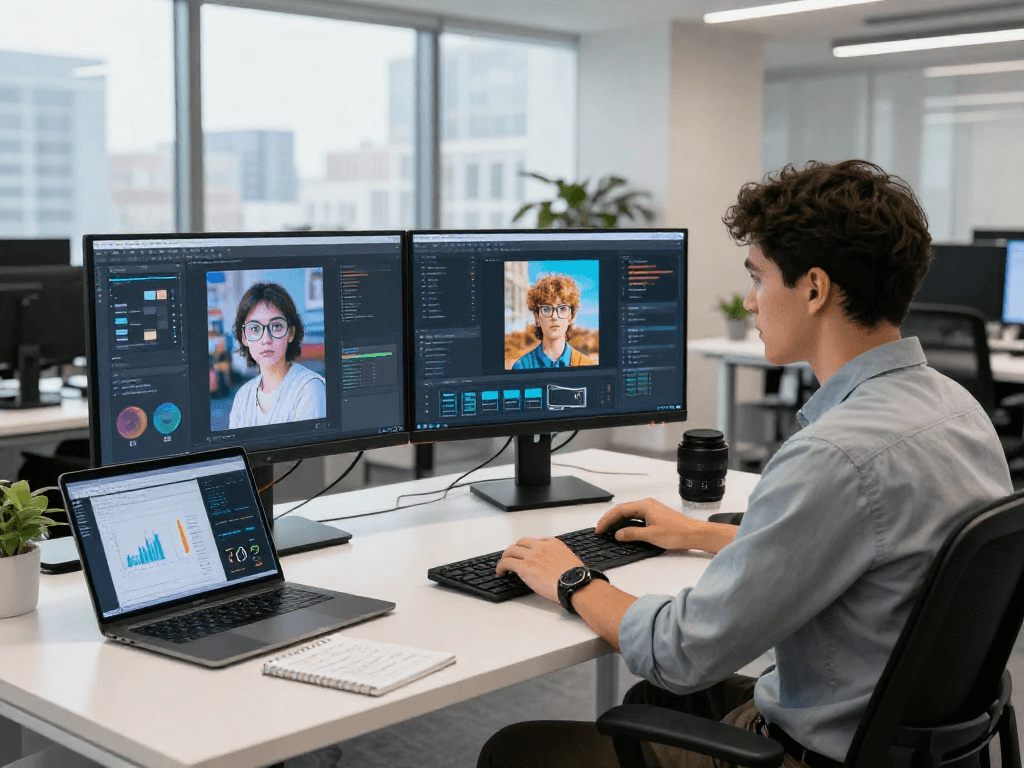 Data analyst using an ai image detector in a modern workspace for accurate content moderation.