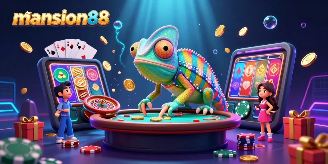 Bet on mansion88 with engaging casino elements like poker chips and colorful slots.