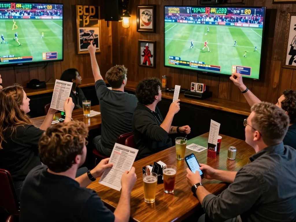 Engaged bettors excitedly enjoying 92slot com sports betting scene with lively atmosphere.