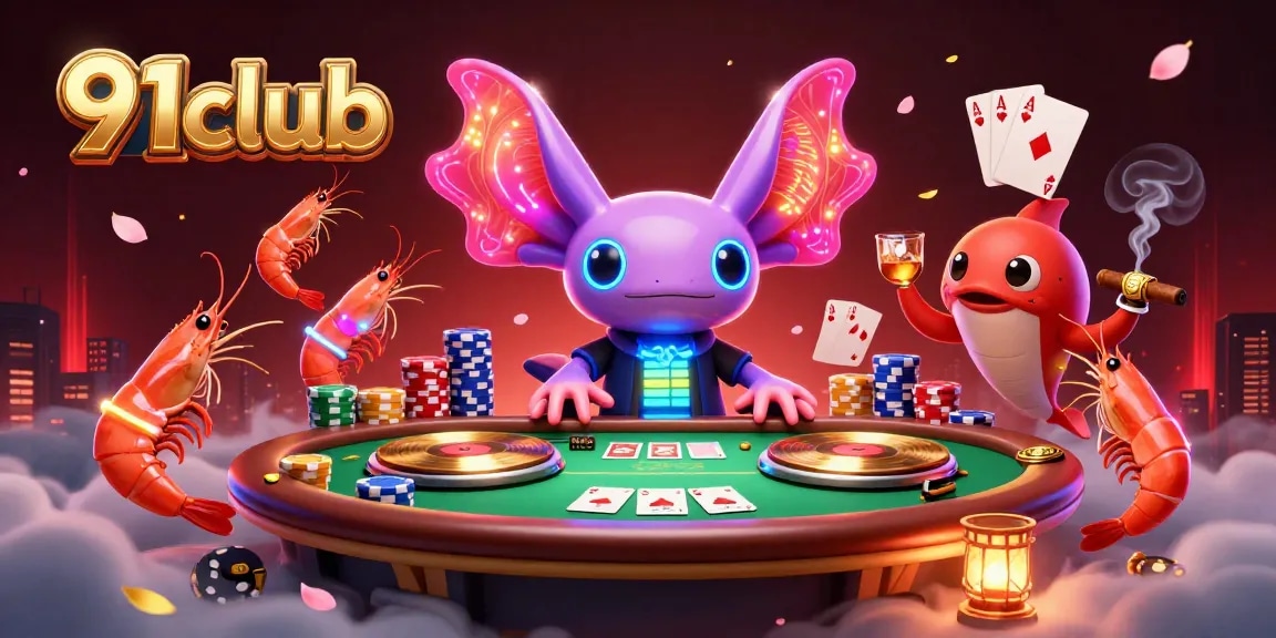 Join the vibrant world of 91club with a neon underwater party featuring a dynamic axolotl DJ and dancing creatures.