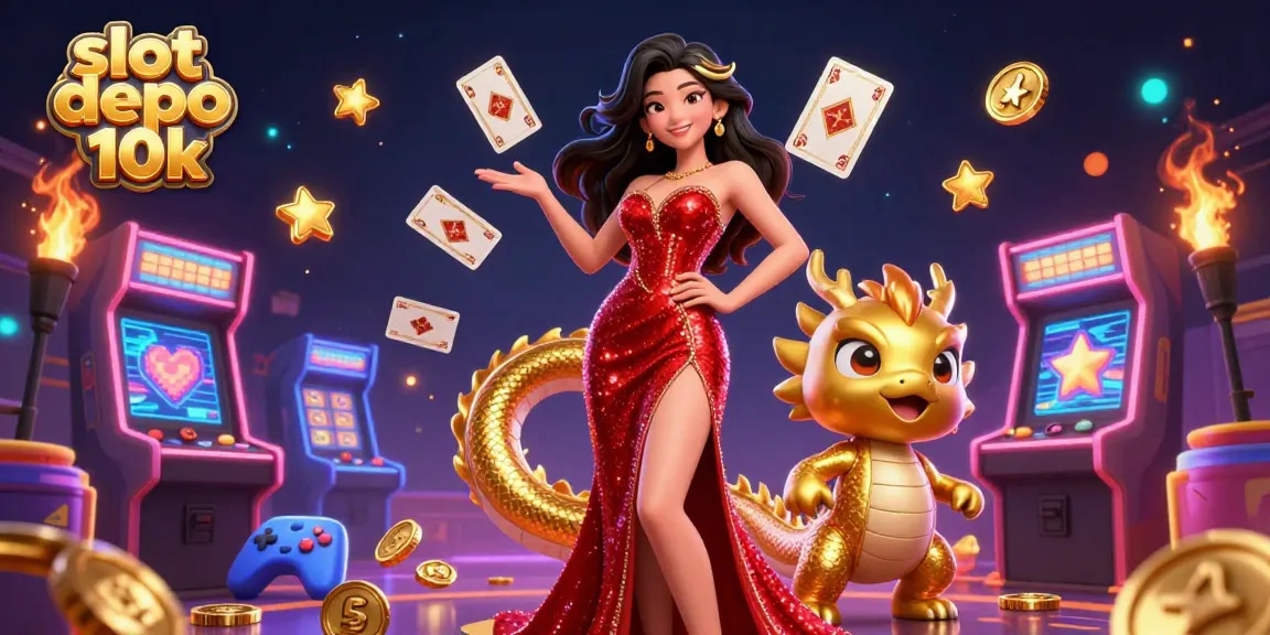 Experience winning excitement at slot depo 10k with vibrant game elements and a welcoming character.