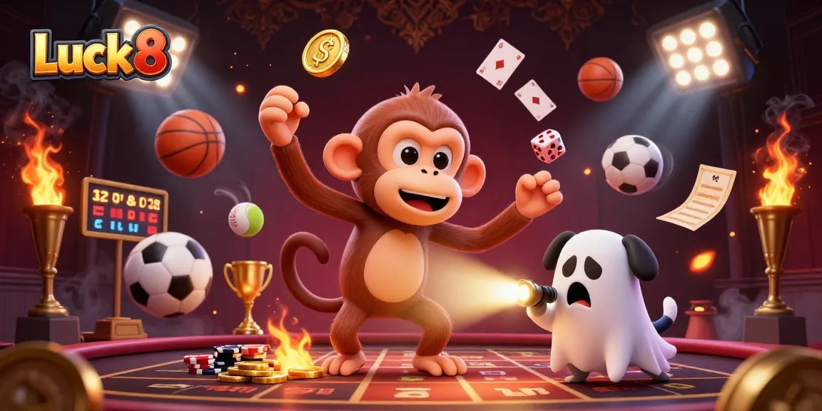 Luck8 showcases a dynamic haunted casino scene with a mischievous monkey and ghost-hunter puppy.