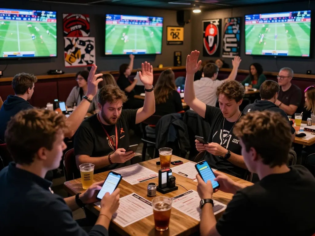 Excited fans engaging in kèo nhà cái betting during a live sports match in vibrant venue