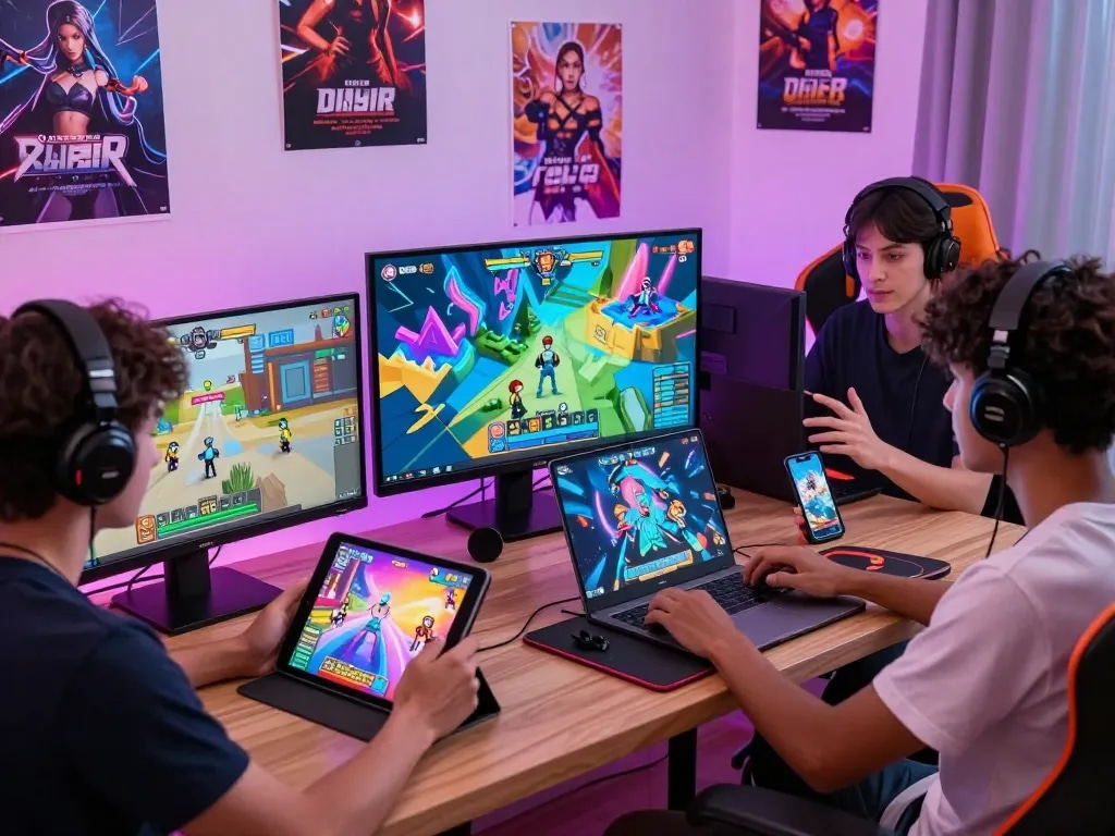 Engaging scene of players enjoying online sex games on different devices in vibrant, colorful setting.