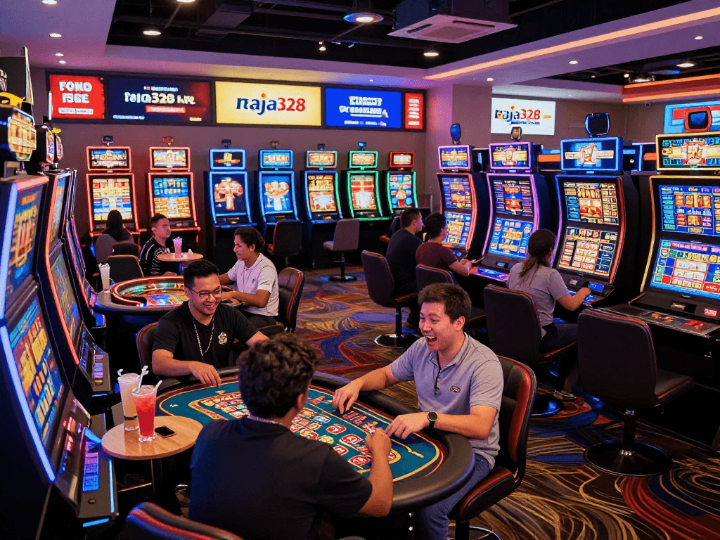 An engaging casino scene with players enjoying raja328 situs games, showcasing vibrant lighting and various gaming options.