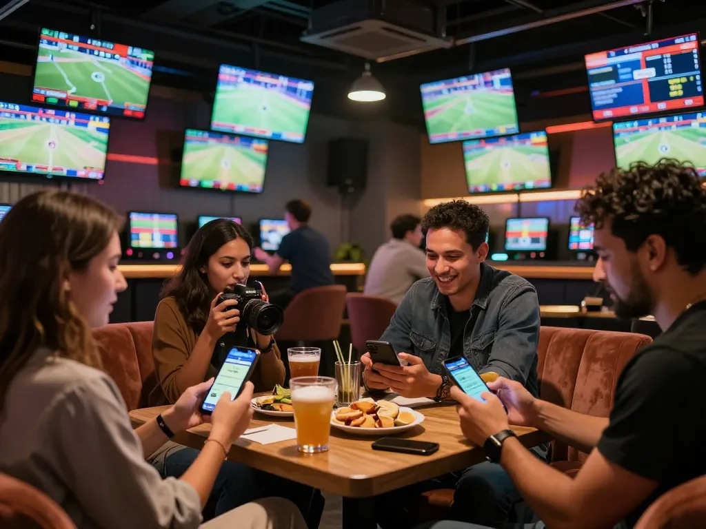 Engaged friends placing bets using 388bet app in a vibrant sports betting lounge.