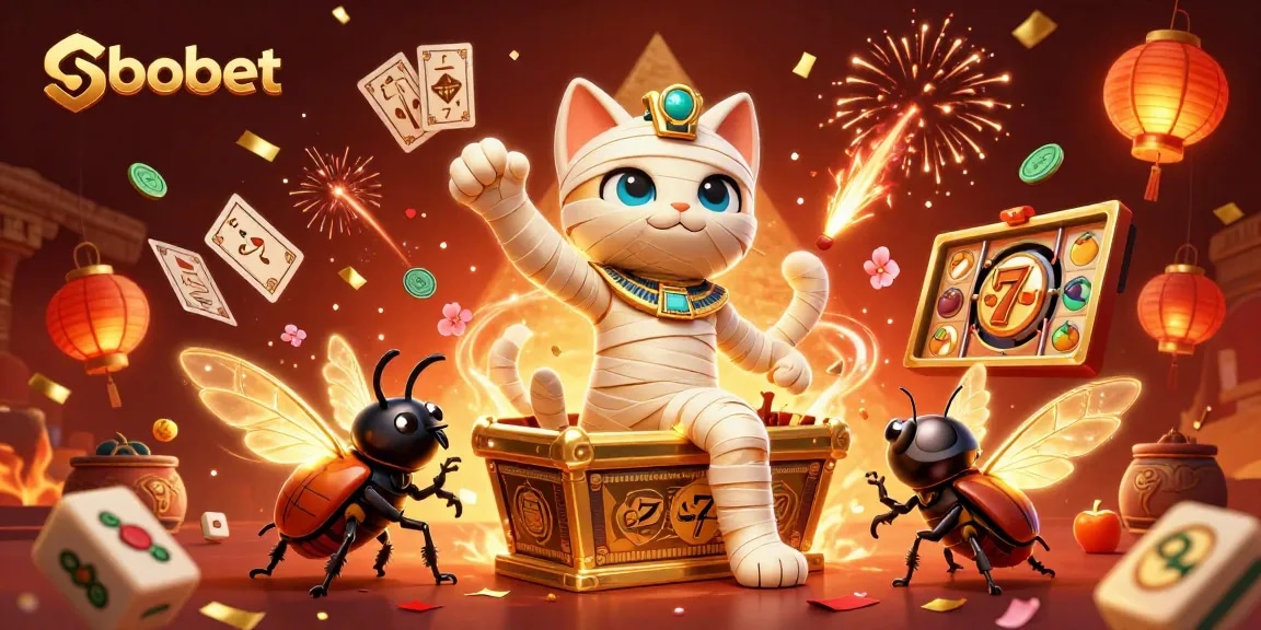 Engage with sbobet's exciting features while a mummy cat bursts from a golden sarcophagus in dynamic casino art.