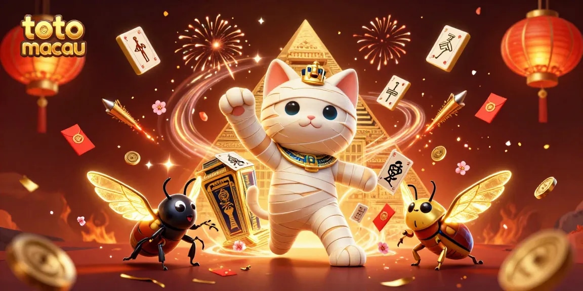 Experience the thrill of toto macau with vibrant characters, casino elements, and festive fireworks.