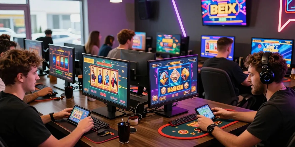 Exciting scene of players experiencing slot deposit 5k games in a vibrant online casino atmosphere.