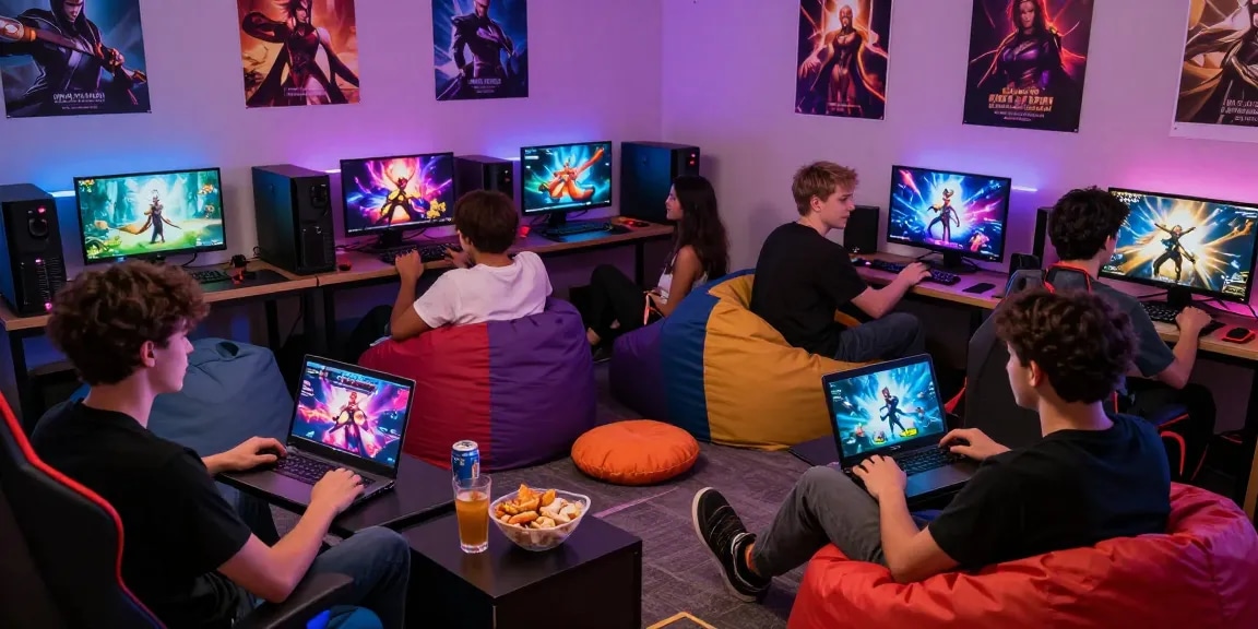 Group of gamers enjoying free porn games in a cozy, vibrant gaming setup.